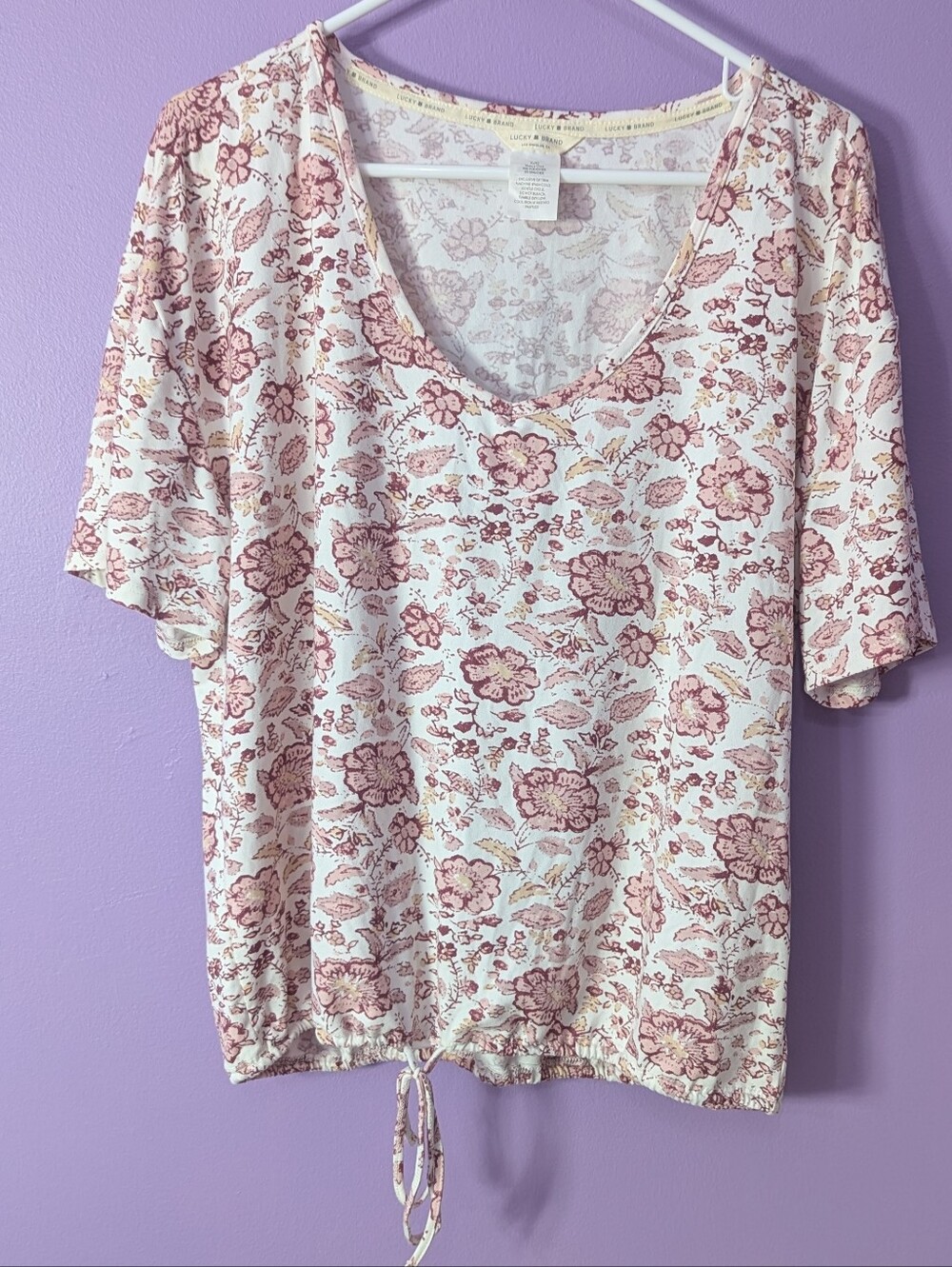 Lucky Brand XL Floral Scoop Cinched Tie Front Top